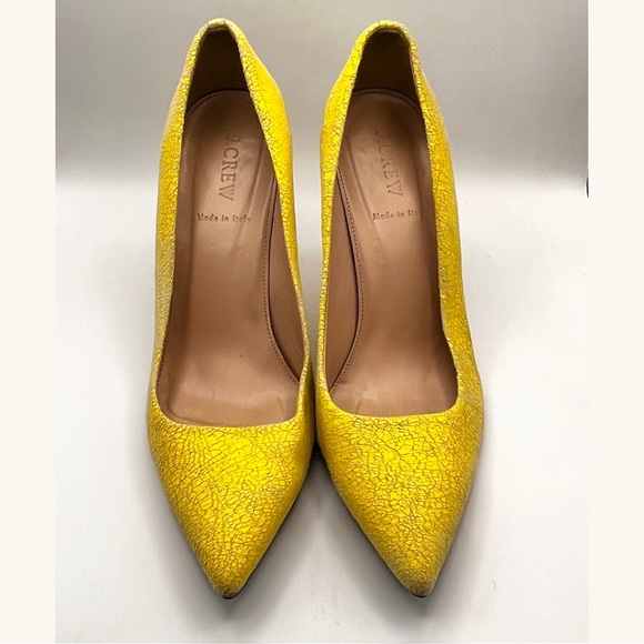 J CREW BRIGHT YELLOW CRACKLE LEATHER PUMPS - Picture 2 of 12